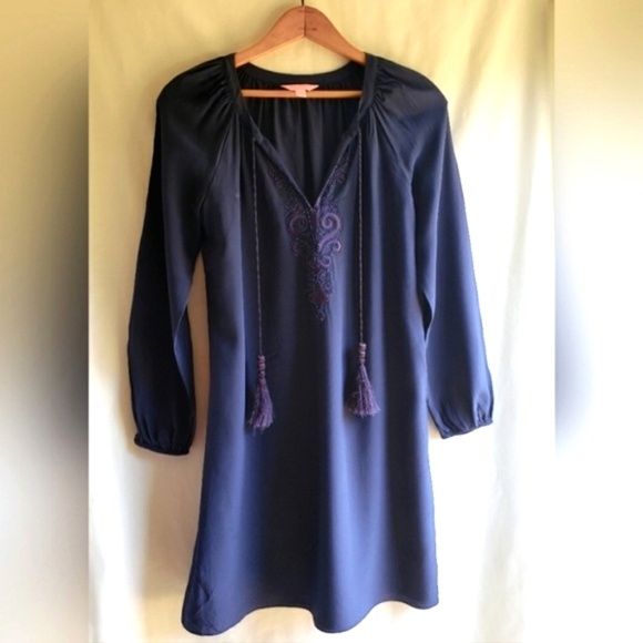 Lilly Pulitzer Roslyn 100% Silk Navy Blue Tunic Dress Beaded Embroidered Sz:S - Picture 2 of 9